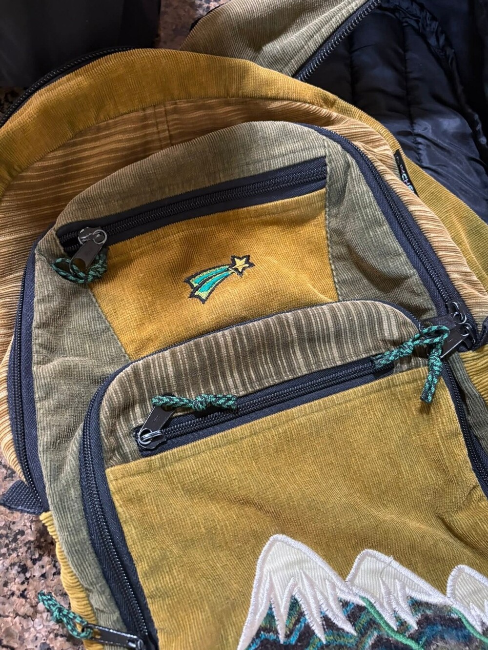 Patchwork Corduroy Backpack Embroidered Mountains Back Pack Embroidery Patch - Picture 5 of 6
